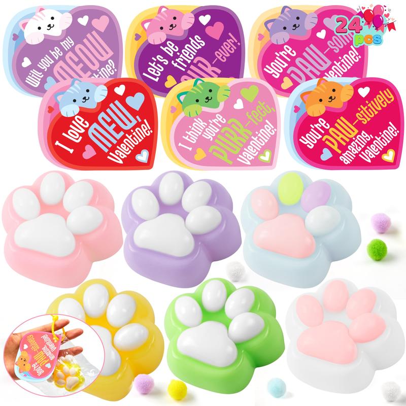 JOYIN Valentine's Day 2" Cat Paw Fidget Toys 24 PCS with Cards Mochi Toys for School Classroom Exchange Gifts Party Favors Stress Balls Keychain for Kids Boys Girls