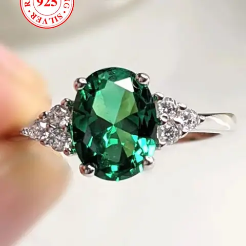 S925 Sterling Silver Oval Shaped Green Artificial Zircon Decor Ring, Beautiful Rings, Elegant Bridal Engagement Ring for Women, Trendy All-match & Exquisite Jewelry for Birthday Gift