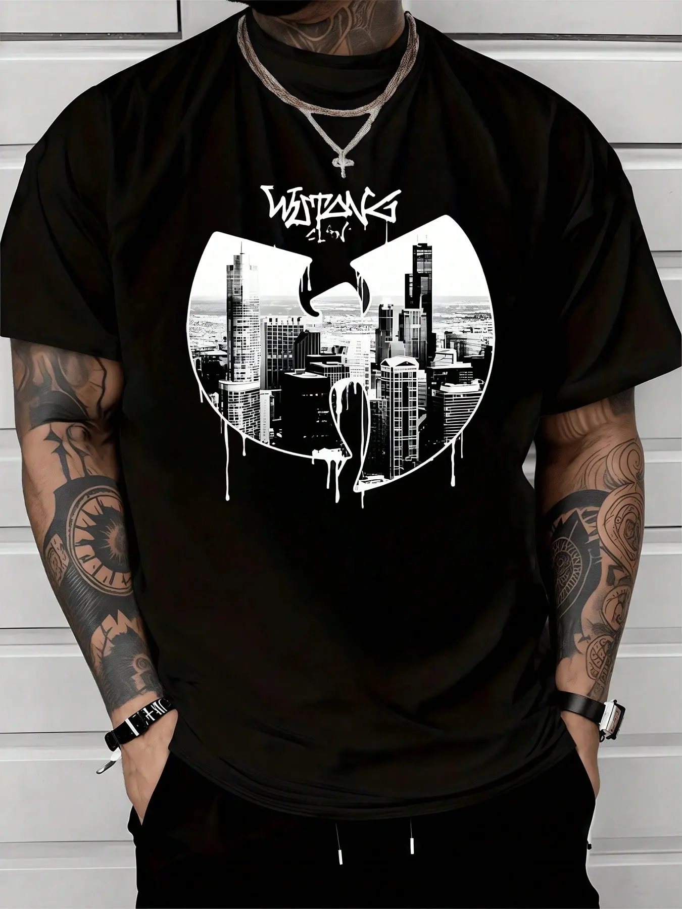 Urban Skyline Silhouette With Dripping Effect Symbolizing City Strength And Cultural Unity 100% Cotton Men's Graphic Tshirt