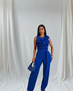 Royal Blue Cascading Ruffle Sleeveless Jumpsuit with Wide-Leg Design & Hidden Back Zip for Party Wear