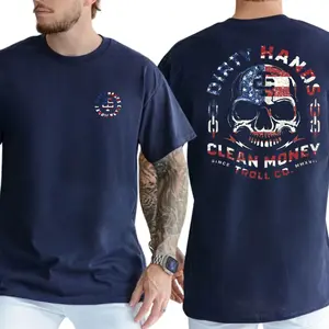Dirty Hand Clean Money USA Flag Skull 2-Sides Graphics T-Shirt, Blue Collar Graphics Shirt, Graphics Tee For American Dad, Men's Gifts, Casual Menswear, For Men