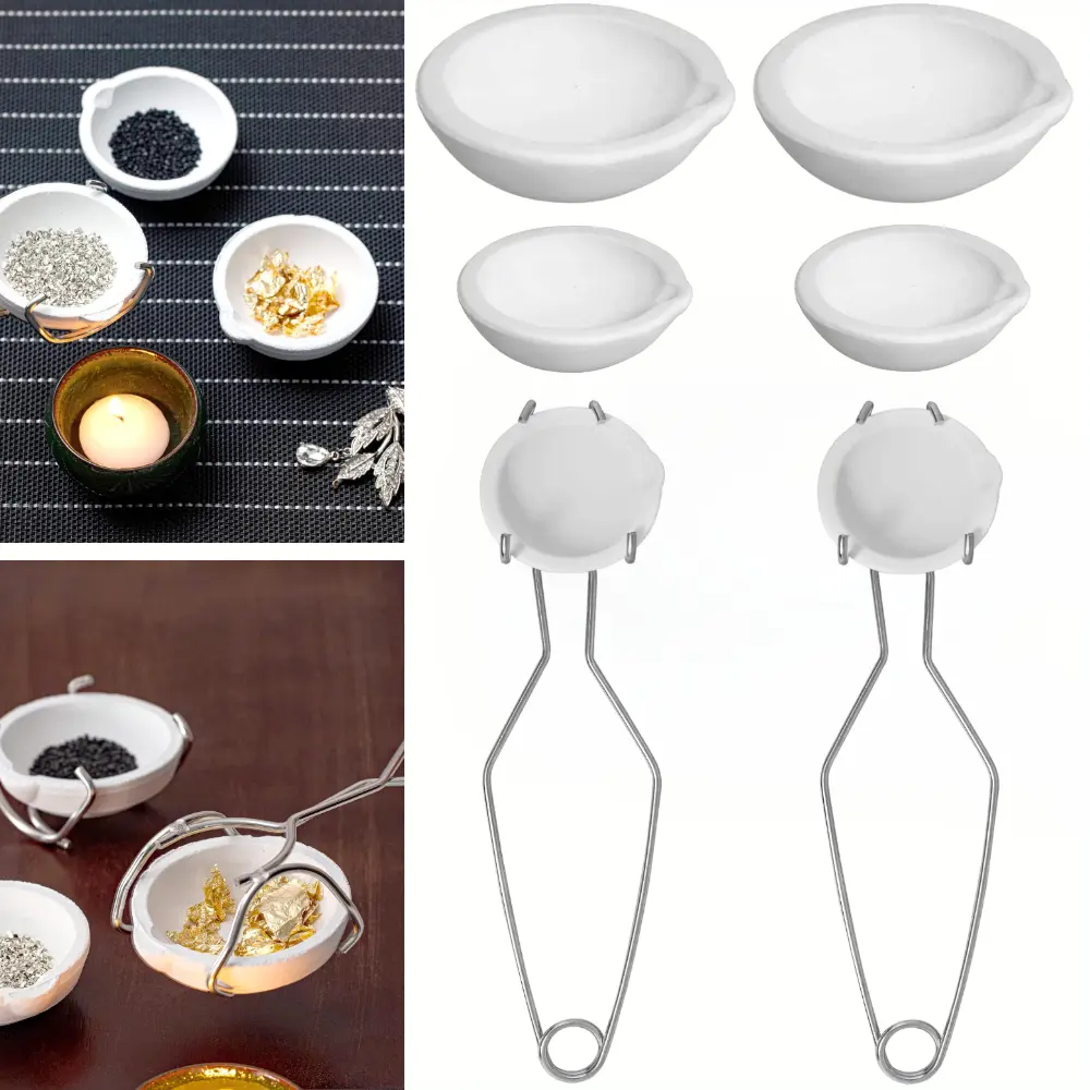 8Pcs Crucibles for Melting Metal Kit, 4 Ceramic Quartz Crucibles and 2 Upgraded and Enlarged Ceramic Quartz Crucibles, 2Pcs Handle, Melting Metals Like Gold and Silver