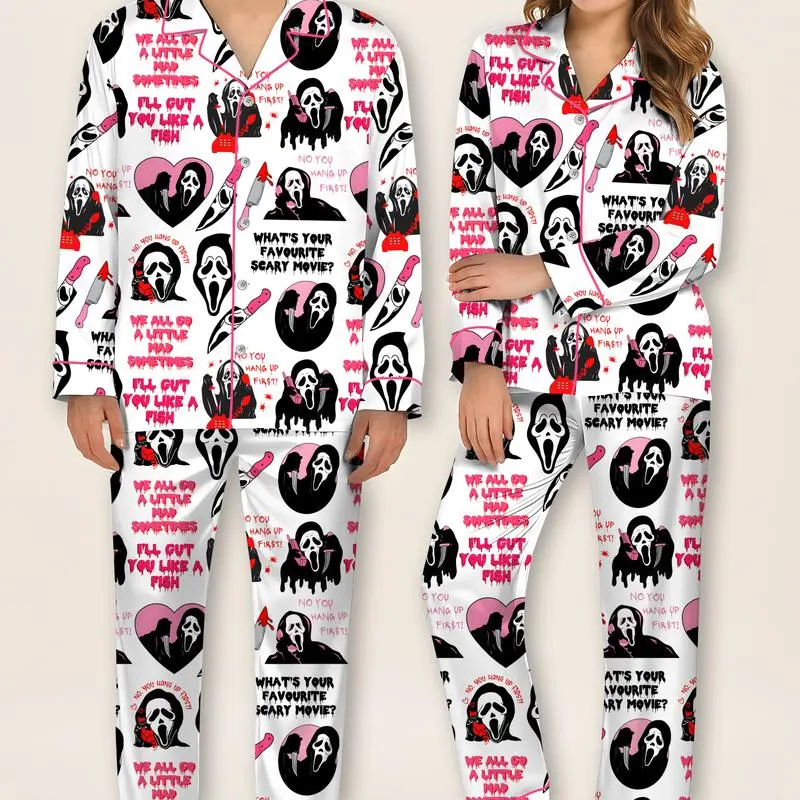 Spooky Ghost Mask Pajama Set, Halloween Satin Sleepwear, Cozy Button Up Lounge Set, Horror Inspired Gift