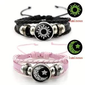 Valentine's Day Limited Edition Glow-in-Dark Sun and Moon Couple Bracelets, 2-Piece Retro Multi-Layer Woven Leather Unisex Set for Lovers