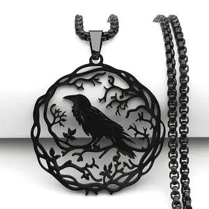 Hollow Crow Raven Birds Pendant Necklace Women Men Stainless Steel Black Color Love Flower of Life Knight Chain Jewelry Gifts
