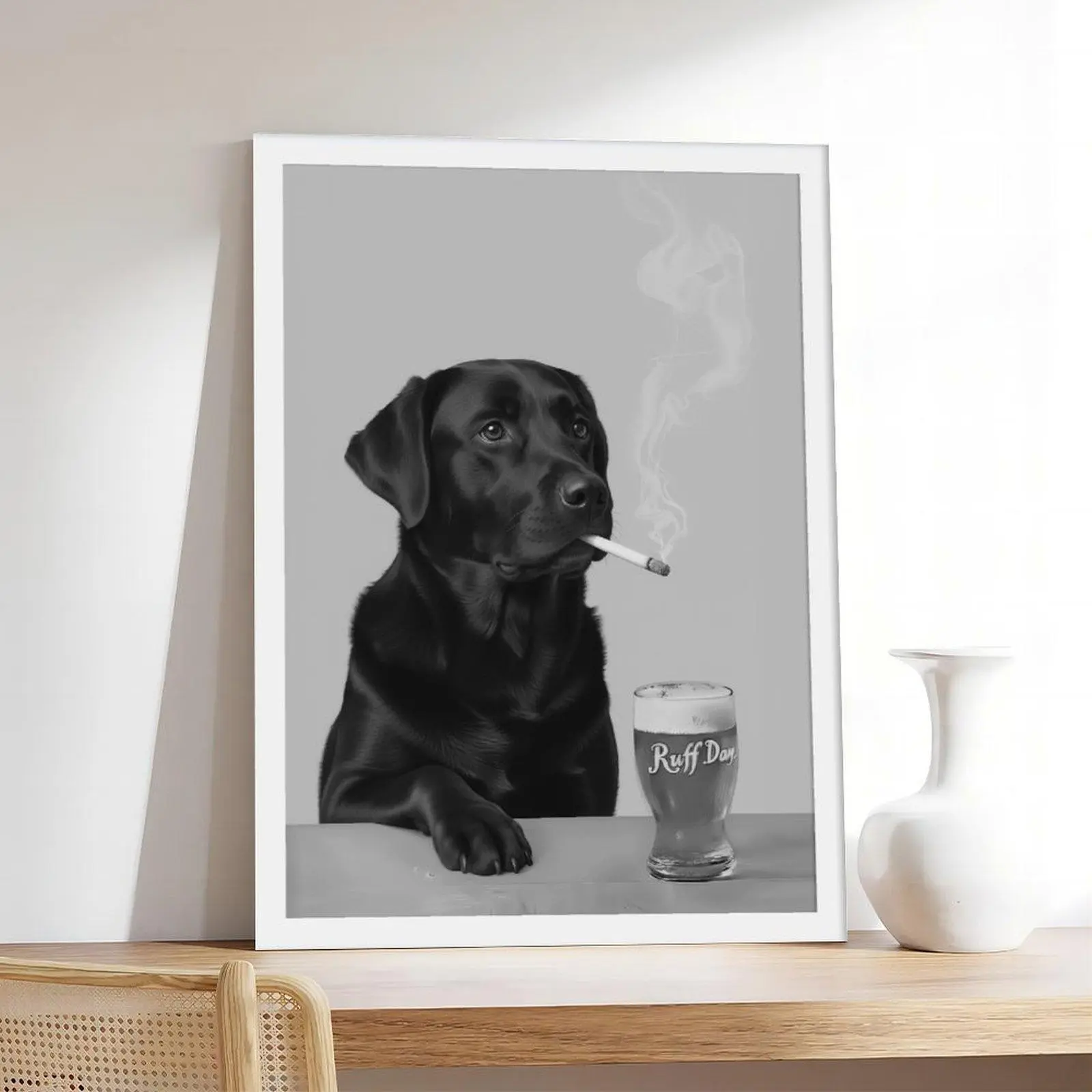 Funny Black Labrador Smoking & Beer Artistic Canvas Print - Neutral Tone Animal Room Art, Minimalist Home Decor Poster, Pet Lover Gift for Indoor Office Bedroom Decor, All Seasons