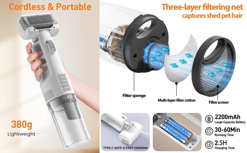 Cordless Pet Grooming Vacuum Set, 60dB quiet hair removal,with 5 pet grooming and cleaning tools one-touch pet hairremoval vacuum brush, zero airborne hair technology, verysuitable for anxious and sensitive pets.
