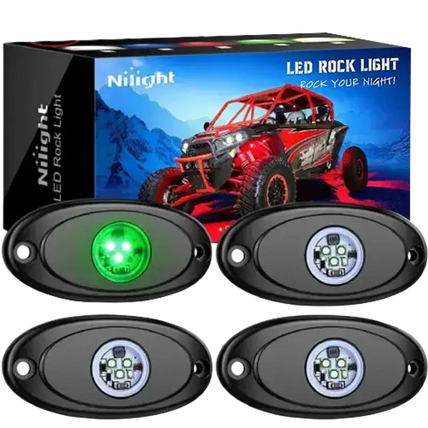 Nilight 4-Pcs Green Bright LED Rock Light Pods, 10-32VDC, Aluminum Housing, Anti-Scratch, Rubber Mounts, Underglow Lighting for Motorcycle, Tractor, Excavators, Forklift Loading/Unloading, Boat Deck, Universal Off-Road Vehicle Fit