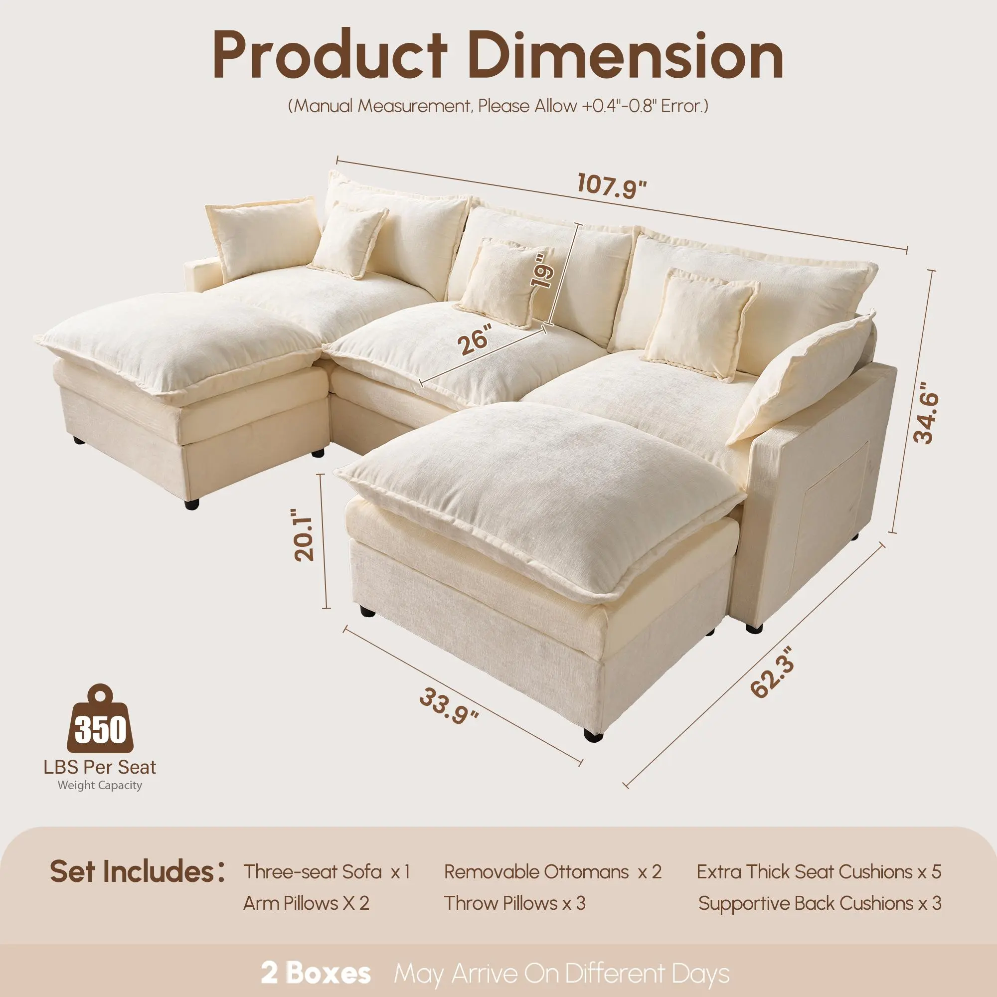 108" Beige Chenille U Shaped with 2 Ottoman