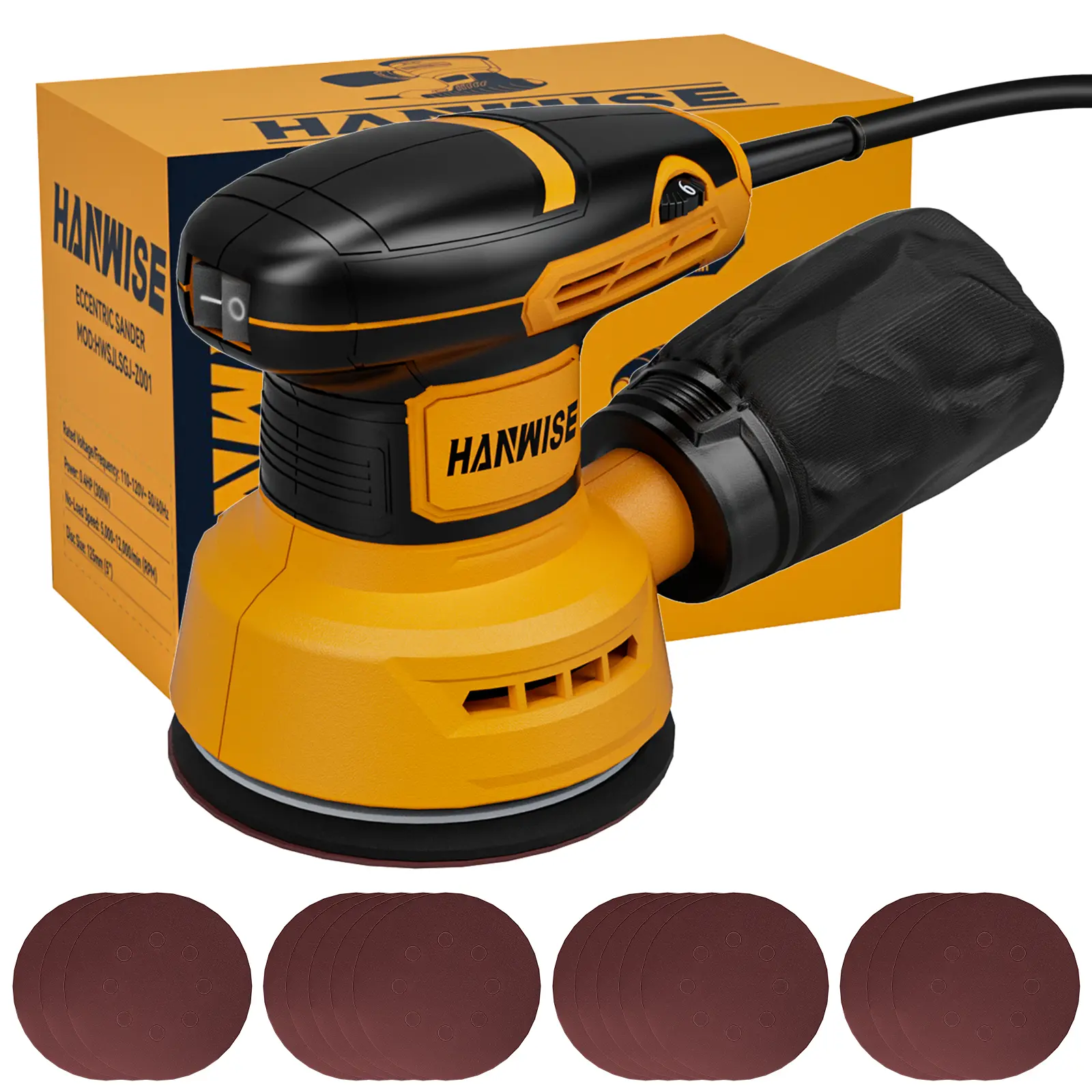 HANWISE 5 in Random Orbital Palm Sander with Palm Grip – 300w Power, 6 Variable Speeds, 12000 RPM, 16 Sandpaper Sheets, Dust Bag Included for Wood Surfaces