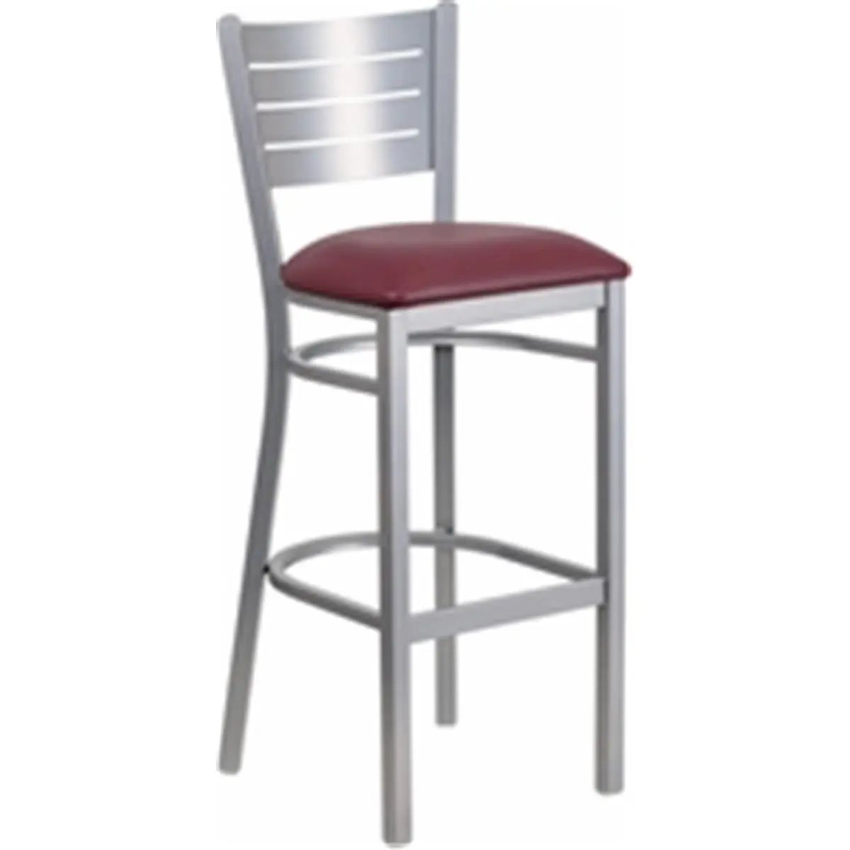 Flash Furniture Hercules Series Silver Slat Back Steel Frame Metal Restaurant Barstool - Burgundy Vinyl Upholstered Seat, Welded Joints, Footrest Rung, 16.5w x 16.75d in., 31in Seat Ht, 43.5in Ht, Designed for Commercial Use, Home Bar