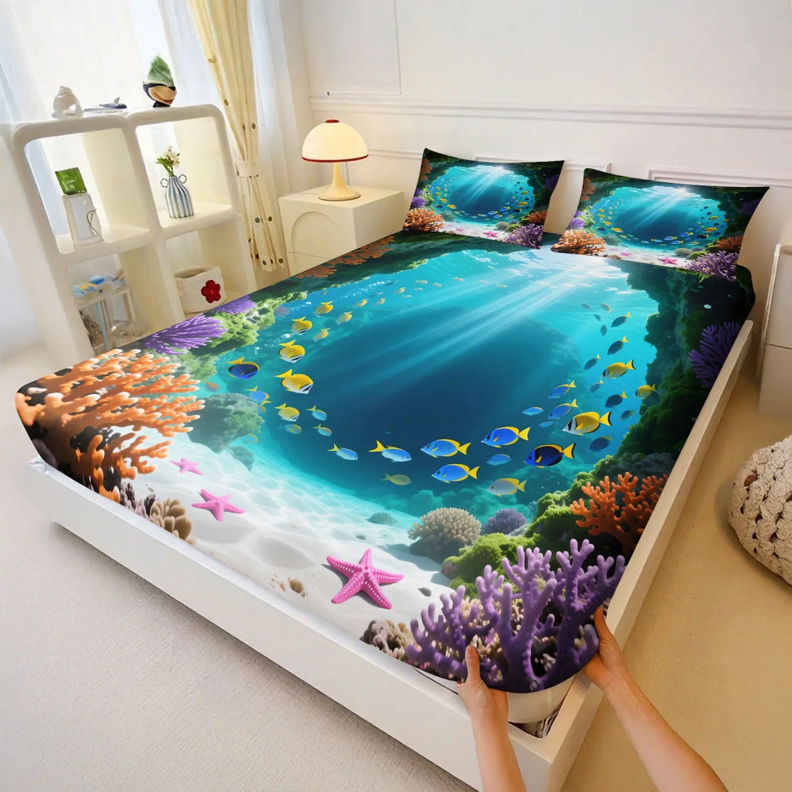 Sunshine Coral Fish Cool Bedding Set, Includes 2 Coreless Pillowcases, Kids Room Ocean Theme Non-Slip Fitted Sheet