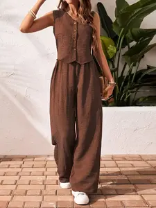 Women’s sleeveless tie-front vest + wide-leg pants two-piece set, summer casual loose outfit suitable for everyday wear, vacations, and home wear
