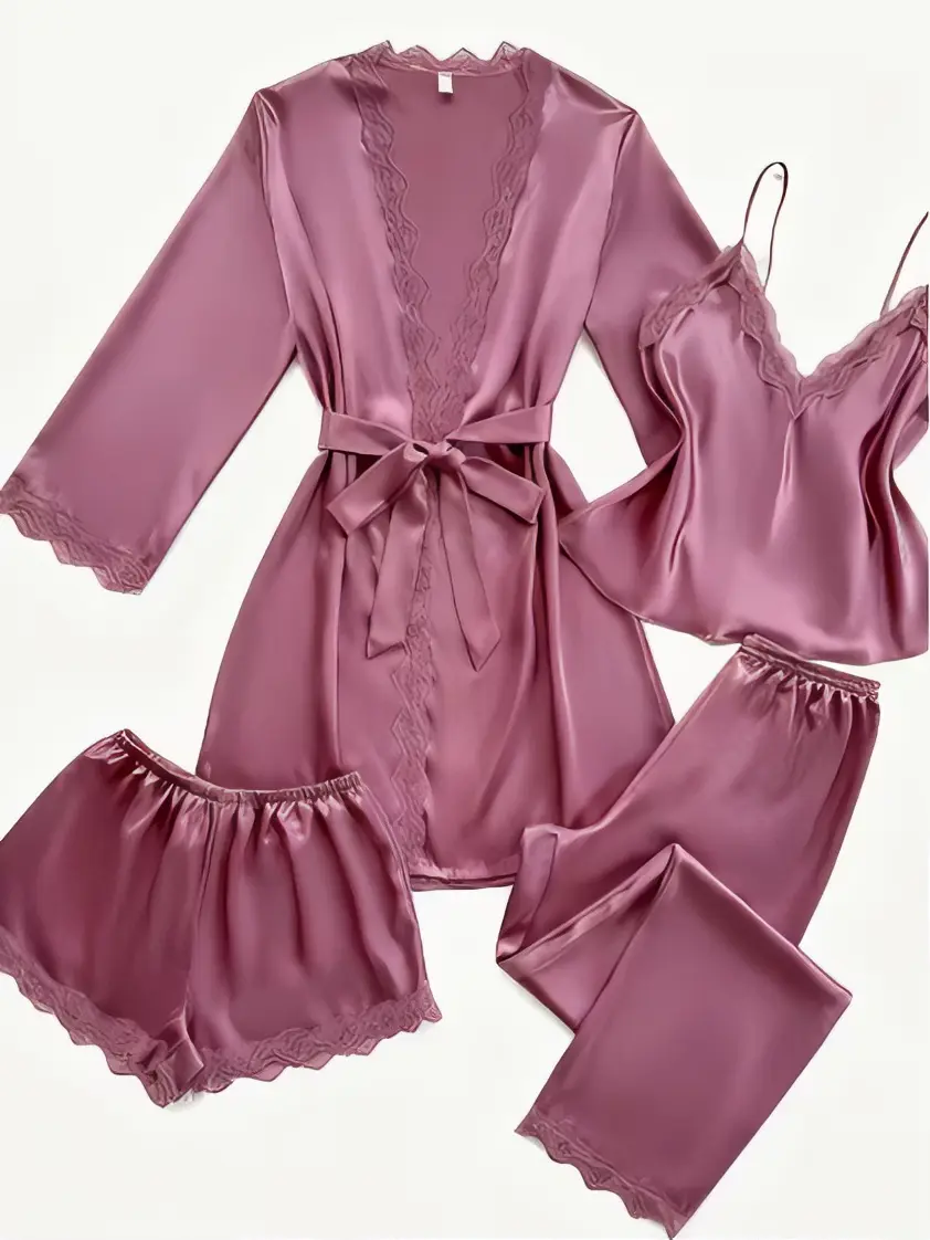 Women 4 Pieces Satin Pajama Set Lace Trim Cami Top Long Sleeve Robe Shorts And Long Pants Silky Bridal Morning Robe Lingerie Sleepwear Set For Wedding Party Home