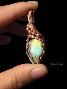 Orion's Bow Wire Wrapped Labradorite Necklace with Multi-Colored Flash Pendant Handmade Copper 20in Faux Leather Chain Gift for Intuition & Protection