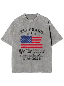 Women's 100% Pure Cotton Casual Oversized Shortsleeve Vintage Washed T-Shirt - 1776-2026 America 250-Year Semi Quincentennial "We The People" Independence Day Top, Chrome Heart Style