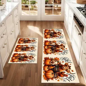 2Pcs Cow and Rooster Pumpkin Thanksgiving Floor Mat Set Kitchen Rug Kitchen Dining Room Home Sink Laundry Room Decor Carpet Mat
