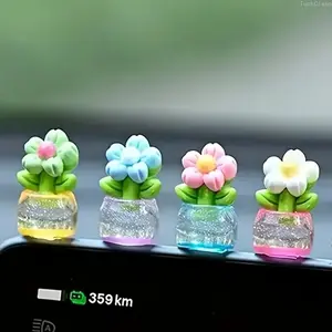 7-Pack Mini Flower Potted Plants for Car and Desk, Resin Miniature Garden Decor, Realistic Compact Ornaments for Dashboard and Office Desktop, Cute Gift for Mothers, Wives, and Girlfriends