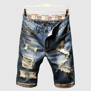 Men's High Cotton Y2K Patchwork Distressed Denim Shorts, Retro Vintage Washed Jean Shorts with Frayed Rips & Ethnic Trim, Grunge Streetwear Casual Jorts for Men