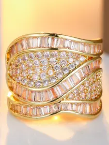 Wide Version Ring with Twisted Wave Design, Synthetic Zircon Multi-faceted Inlay, Light Luxury Sparkling Effect, Holiday Gift Giving, Celebration Atmosphere, Women's Jewelry
