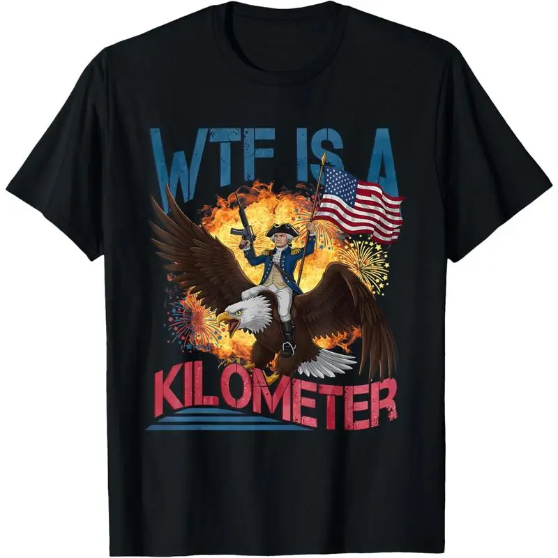 Men's Casual Cotton Graphic T-Shirt, Menswear Short-Sleeve Round Neck, Soft Geometric Fabric, "WTF Is A km" Funny 4th of July Founding Father Top