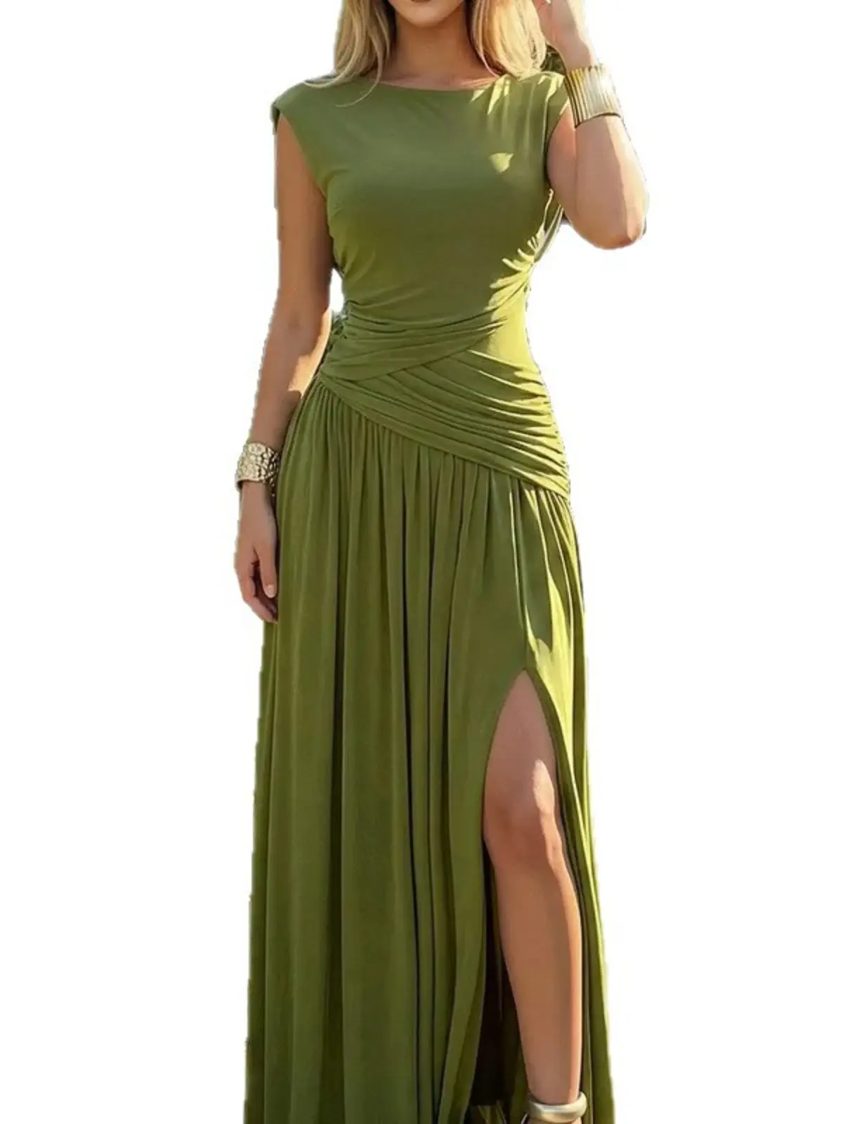 Women Elegant Convertible Cowl Neck Maxi Dress, Ruched Waist High Side Slit Flowy Formal Gown For Cocktail Events
