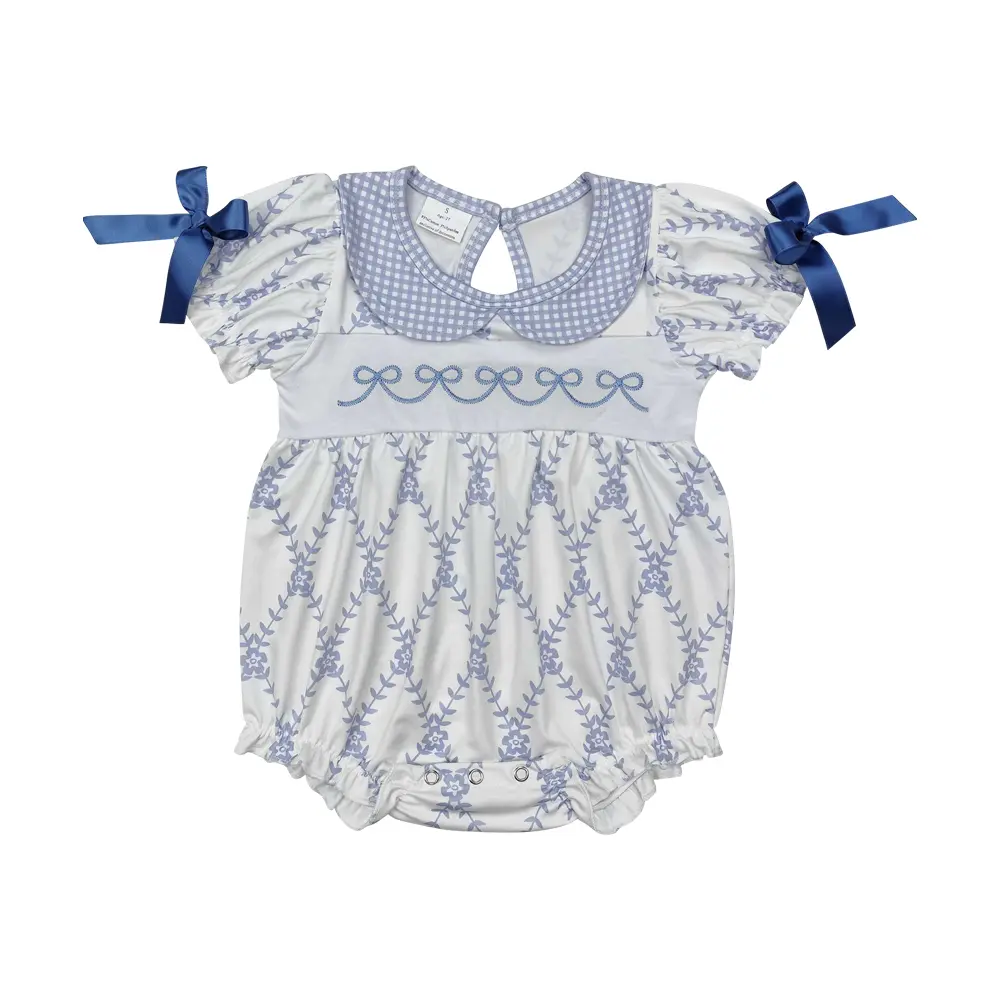 Baby Girls Bubble Bodysuit SR2146 - Short-Sleeve Fitted, Embroidered Blue Bow Print Sleepwear for 0-3m, 0/3m to 2t Toddlers