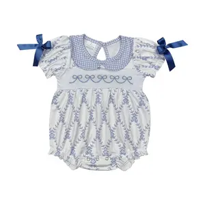 SR2146-Must - Have! Embroidered Blue Bow Printed Baby Girls Bubble ,Cute & Trendy Toddler Outfit Bodysuit
