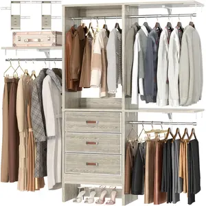 5FT Small Closet System with 3 Fabric Drawers, 60'' Walk In Closet Organizer System With 3 Adjustable Shelves, Heavy Duty Clothes Rack Built-In Garment Rack, 59" L x 16" W x 71"H, White Oak