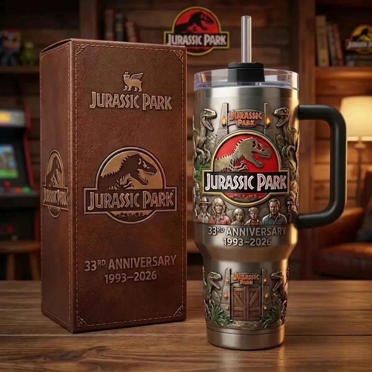 Jurassic Park 33rd Anniversary 1993–2026 40oz Tumbler with Handle & Straw, T-Rex Dinosaur Insulated Travel Mug, Collector Gift for Fans, Double Wall Dinosaurs 40oz Cups, Stainless Steel Movie Merch