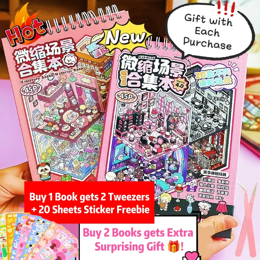 [2 Series of 45Page Scene Sticker Book] 25 Sticker Sheets+20 Miniature Scene+2 Tweezers+Extra Freebie, 20 New Theme Room Sticker, DIY Cute Sticker Pac