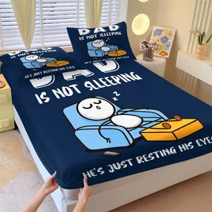 3-Piece "Dad Is Not Sleeping" Funny Fitted Sheet Set, 1 Fitted Sheet + 2 Pillowcases, Soft Breathable Fabric, Non-Slip Mattress Cover, Humorous Bedding, Ideal for Dad Bedroom, Living Room Decor or Father's Day Gift