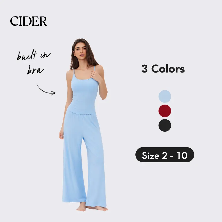 Cider Built-in Bra U-neckline Cami Top & Mid Rise Wide Leg Trousers Loungewear Set, Lady Mid Size Comfortable Summerfashion Set for Casualoutfits & Streetwear