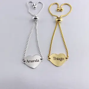 Personalized Heart Bracelet Engraved Stainless Steel Adjustable in Silver or Gold Finish for Customized Gifts