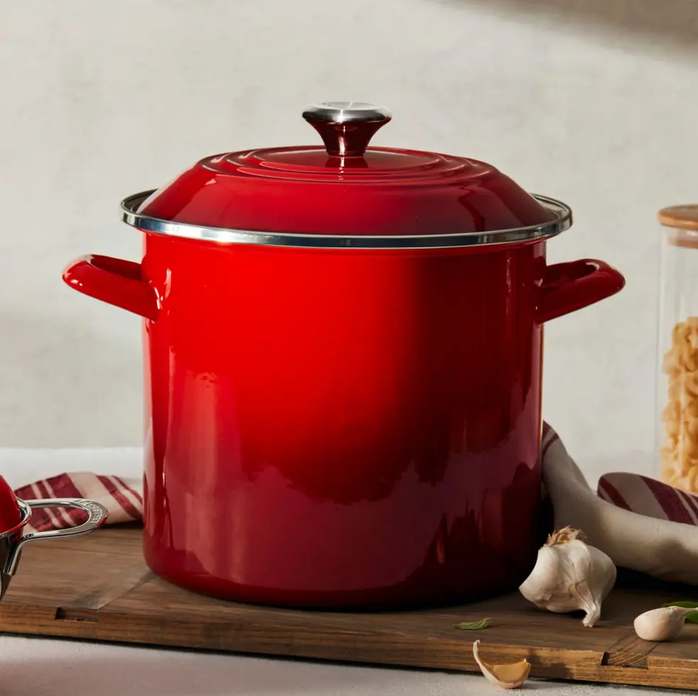 Le Creuset Enameled-Steel Stock Pot 10-Qt Blue with Gold Trim Dishwasher Safe Ideal for Cooking Enameled Steel & Stainless-Steel Knob
