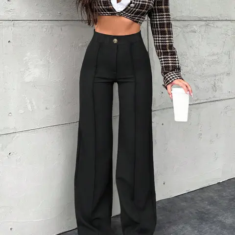 Women's Fashion Wide Leg Pants Bottom, Casual Streetwear Pants, Casual Trendy Versatile, Casual Elastic Waisted High Waist Loose-Fitting Trousers, Comfortable All-Season Wear, Stylish Ladies' Clothing, Casual Comfy Trousers, Knit, Womenswear