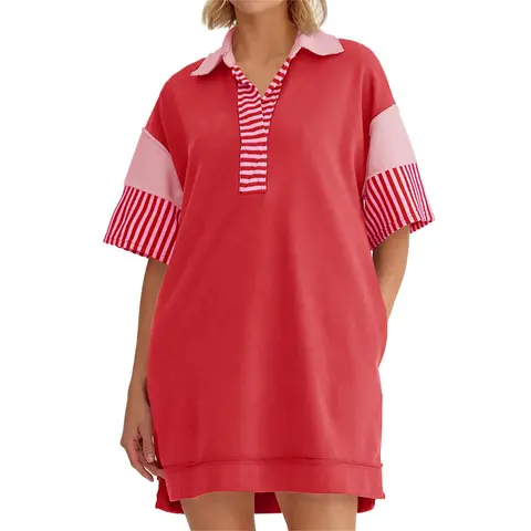 Wenrine Women's Oversized Color Block Cotton V-Neck Short Sleeve Polo Dress - Soft Breathable Fabric, Stylish Vibe, Above-Knee Casual Women's Dresses for School, Going Out, Dating - Hang Dry Friendly