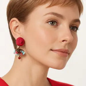 Bronze Floral Ruby Ciel Drop Earrings with Cotton & Silk Flowers and Genuine Crystals