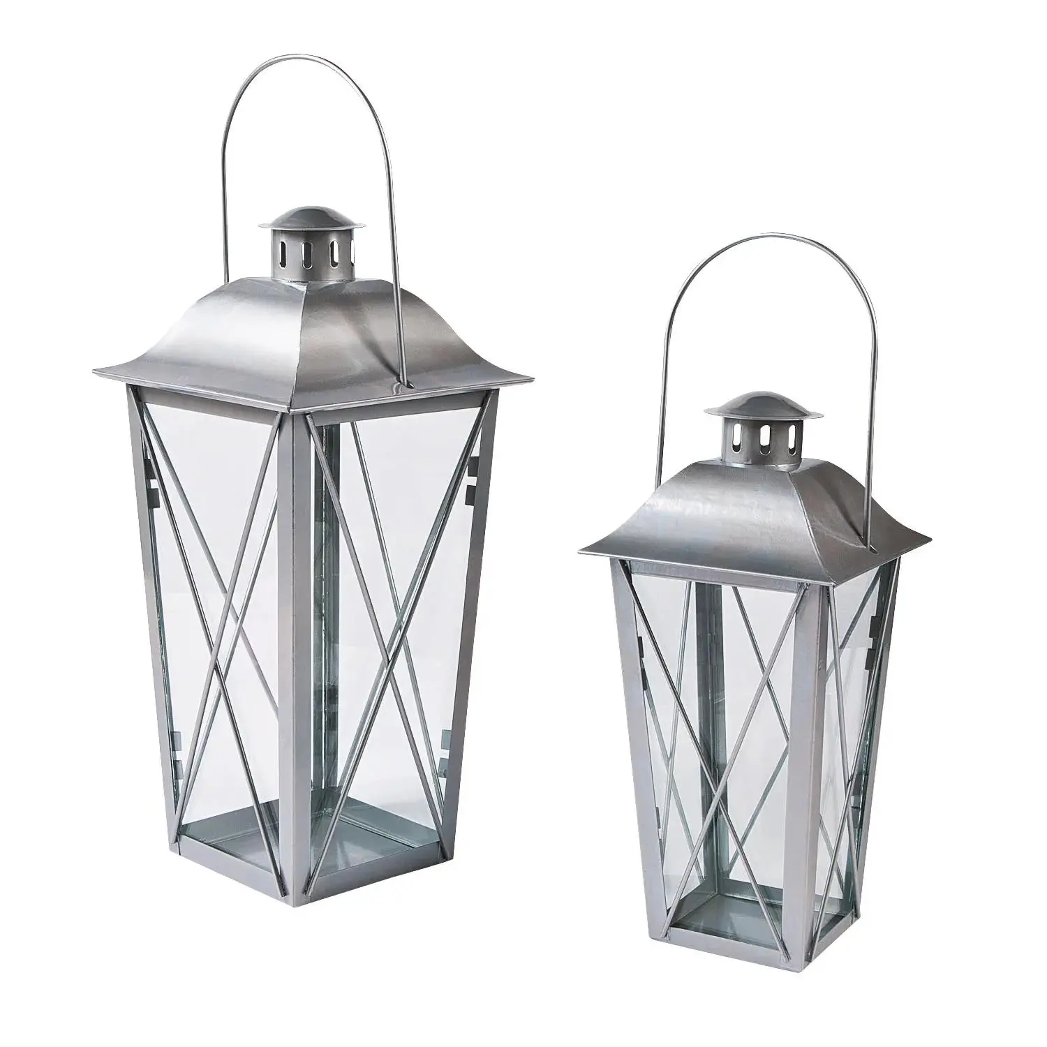 Decorative Silver Metal Lanterns with LED Lights - 2-Pc Set, Room Decor for Weddings, Indoors Home Supplies Festive Decorations