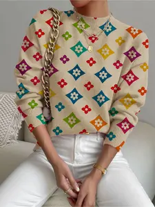 Women's Geometric Floral Colorblock Fitted Sweater, Casual Long Sleeve Knit Top, Fall Winter Warm Clothing, Comfortable Daily Wear
