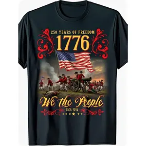 250 Years of Freedom 1776-2026 USA Flag T-Shirt - Vintage Founding Fathers, Soldiers & Cannon Design - 250th Anniversary Commemorative Apparel - Comfortable Cotton Casual Fit for 4th of July & Independence Day, PLUS SIZE