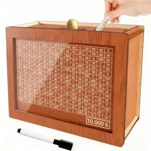 Wooden $10,000 Savings Challenge Piggy Bank - Home Decor Cash Coin Box for Youth & Child, Christmas & Work Gift for 3-12 Year Olds