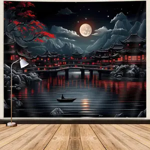 Japanese Anime Tapestry, Stunning and Dark Nature Moon Landscape Wall Art, Perfect for Bedroom and Living Room Decor