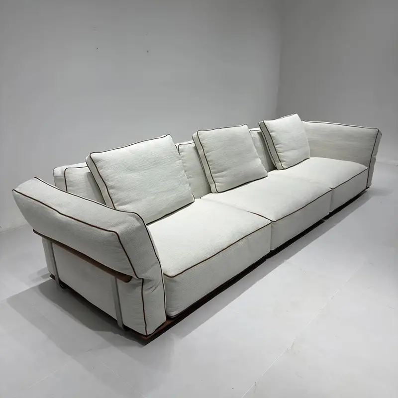 Italian Minimalist Off-White Linen Fabric Straight Sofa, Contrast Brown Piping Large Deep Seat Couch, Luxury 4-Seater Living Room Sofa