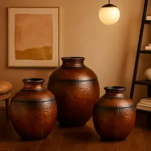 Set of 3 Brown Metal Antique Style Round Pot Floor Decorative Vase
