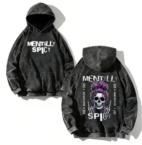 Mentally Spicy Washed Hoodie, Sassy Skull With Purple Messy Bun And Skeleton Hands Apparel, Oversized Menswear And Women Menswear Tops, Gym Pump Cover, Hip Hop Y2K Graphic Apparel, Gift for Her