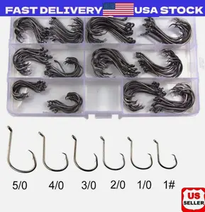 160 Offset Circle Fishing Hooks/Box - Black High Carbon Steel: Sizes #1-5/0