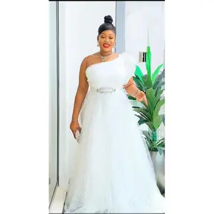 One Shoulder A-Line Tulle Gown White Civil Wedding Dress for Curvy Figures, Perfect for Special Occasions, Bridal Dinner, Photoshoots, and Gala Events