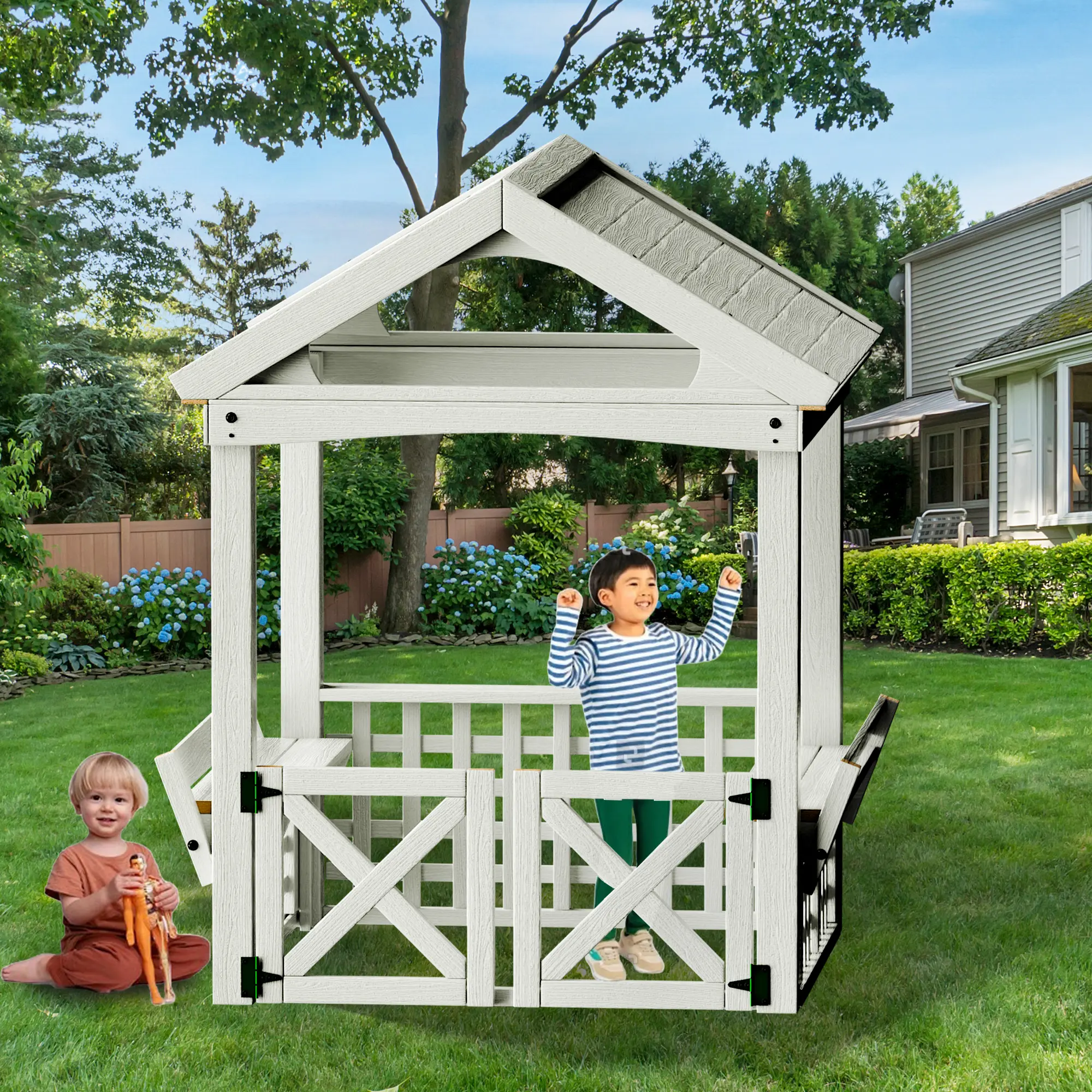 YYDS Mall Rustic Outdoor Cedar Wood Playhouse - Roof, Bench, Safe Doors, Durable Parts, No Redundant Features, Encourages Social Play