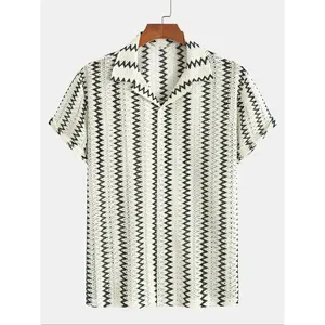 Men's Chevron Pattern Hollow Out Jacquard Short Sleeve Shirt, Loose Casual Comfy Collared Breathable Button Front Lapel Neck Top for Summer, Men's Clothes for Beach Vacation